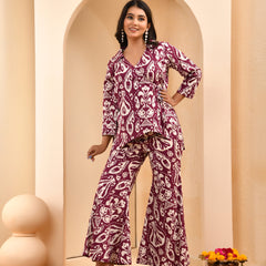 Purple Ikat print overlap cord set with bell bottom style pants