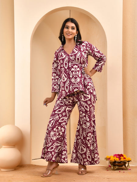 Purple Ikat print overlap cord set with bell bottom style pants