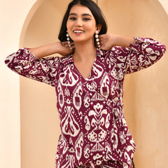 Purple Ikat print overlap cord set with bell bottom style pants