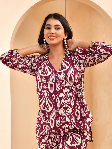 Purple Ikat print overlap cord set with bell bottom style pants