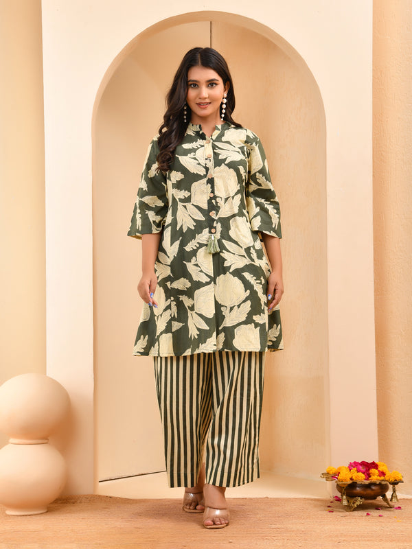 Grey floral printed aline cord set with striped printed pants