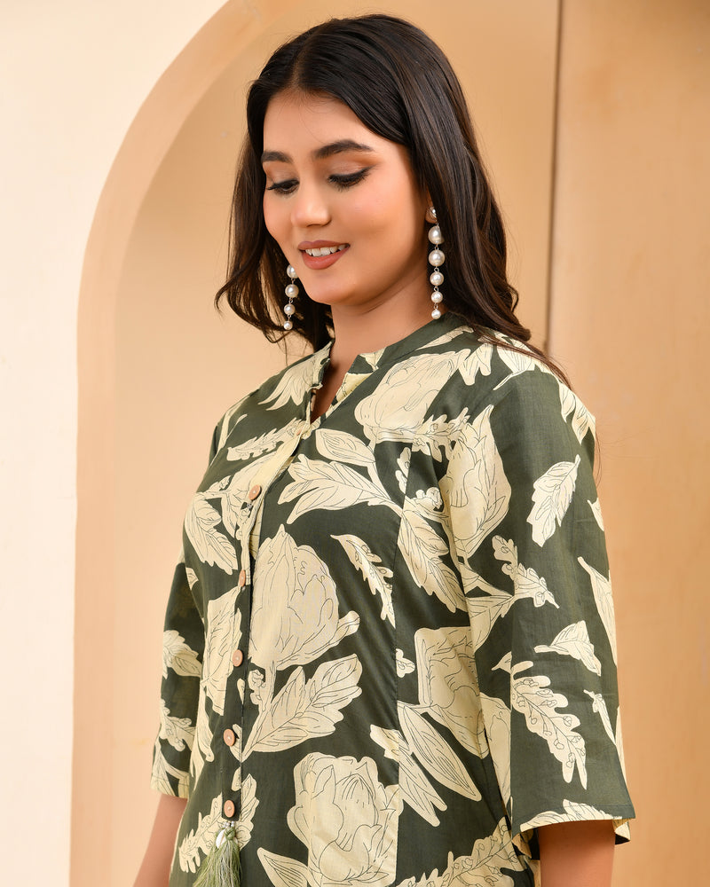 Grey floral printed aline cord set with striped printed pants