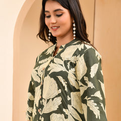 Grey floral printed aline cord set with striped printed pants