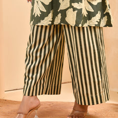 Grey floral printed aline cord set with striped printed pants