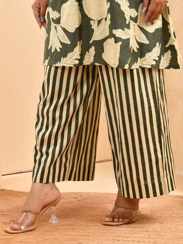 Grey floral printed aline cord set with striped printed pants
