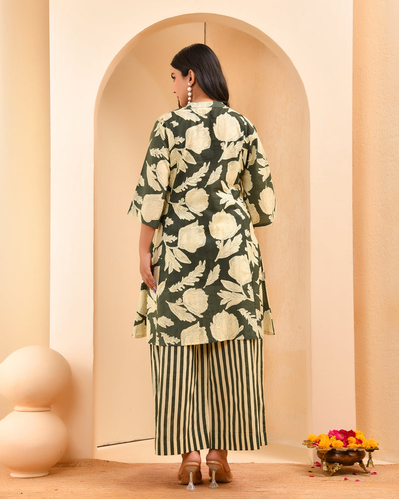 Grey floral printed aline cord set with striped printed pants