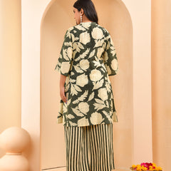 Grey floral printed aline cord set with striped printed pants