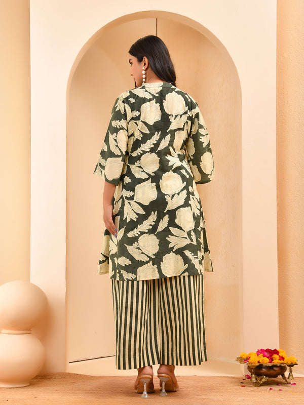 Grey floral printed aline cord set with striped printed pants