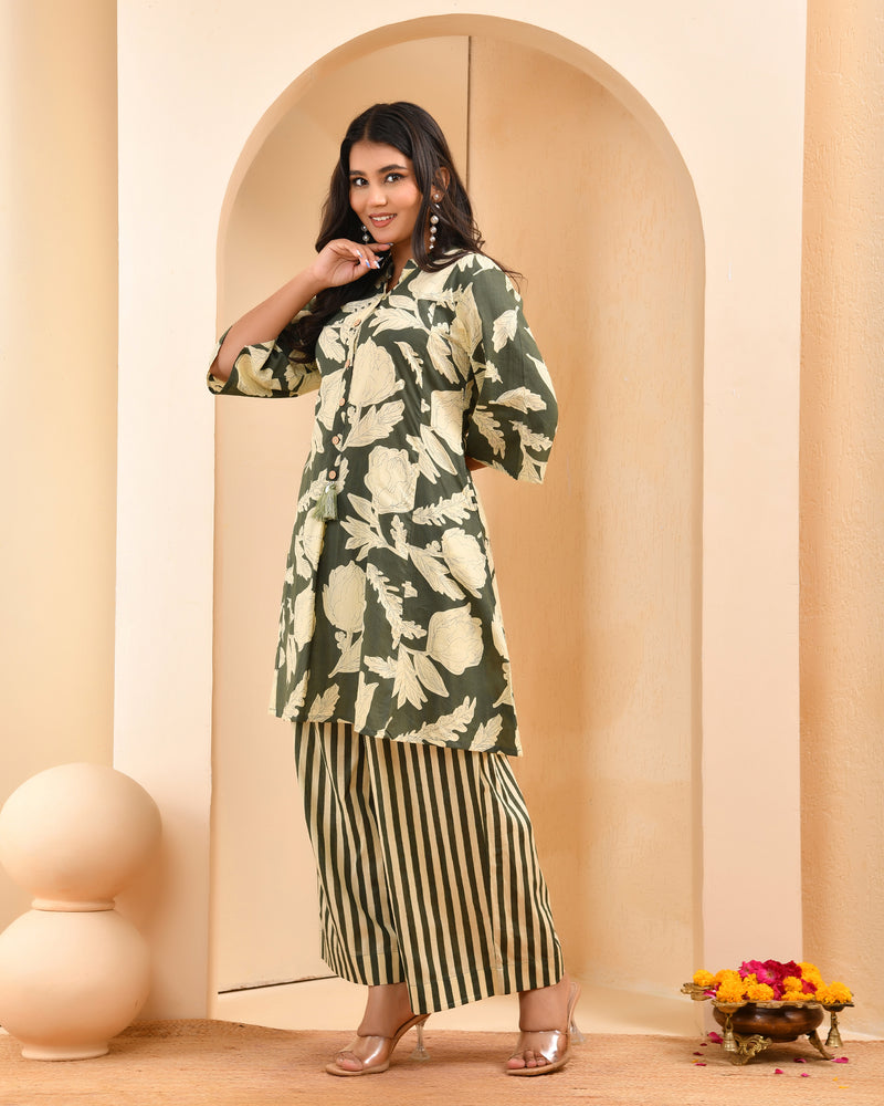 Grey floral printed aline cord set with striped printed pants