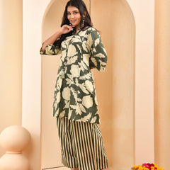 Grey floral printed aline cord set with striped printed pants