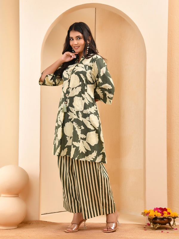 Grey floral printed aline cord set with striped printed pants
