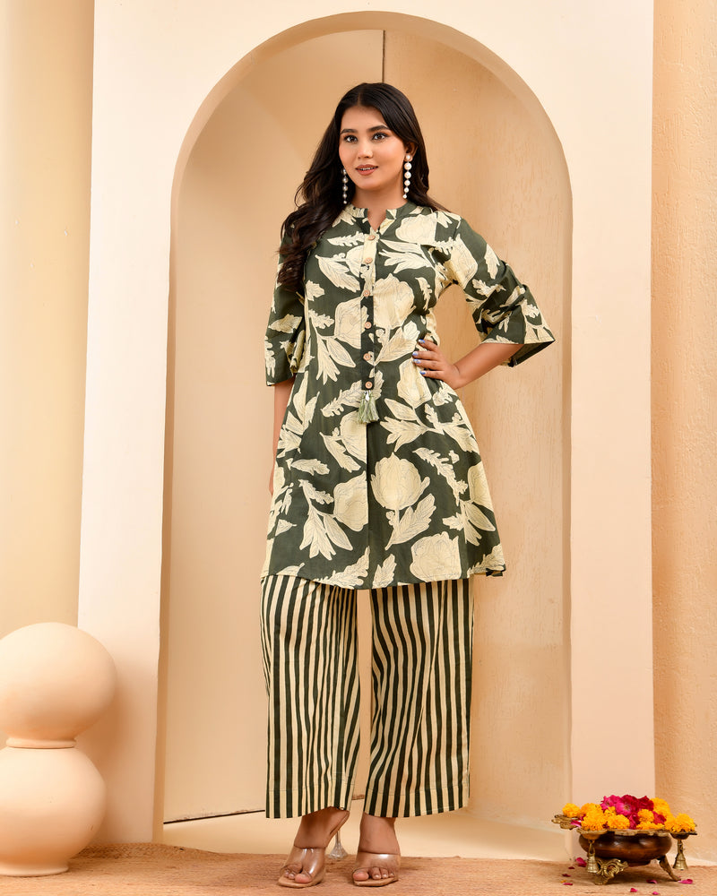 Grey floral printed aline cord set with striped printed pants