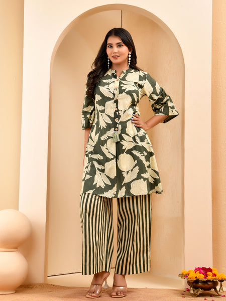 Grey floral printed aline cord set with striped printed pants