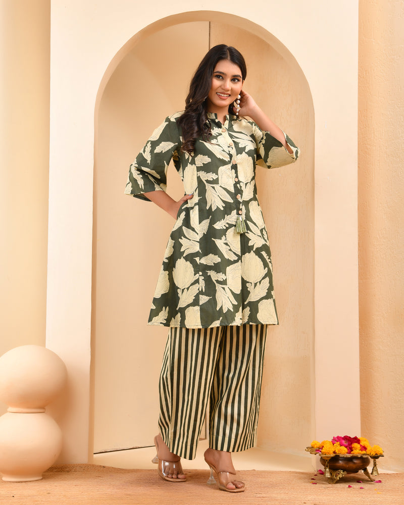 Grey floral printed aline cord set with striped printed pants