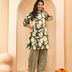 Grey floral printed aline cord set with striped printed pants