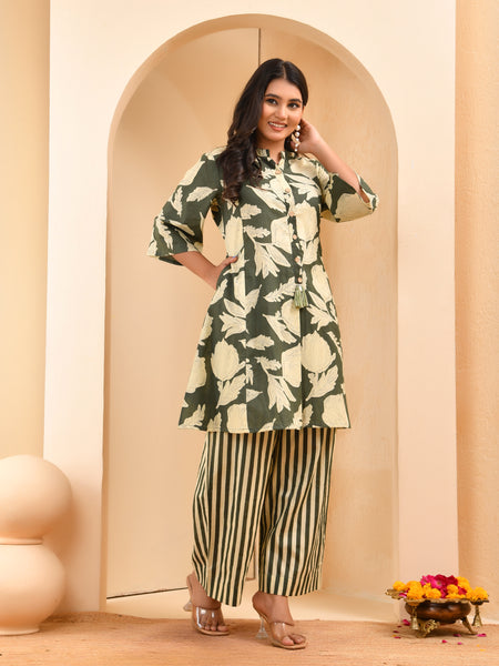 Grey floral printed aline cord set with striped printed pants