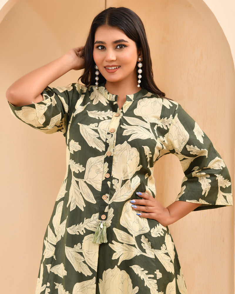 Grey floral printed aline cord set with striped printed pants