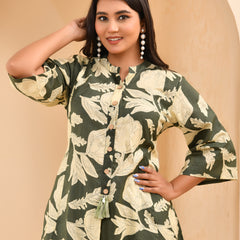 Grey floral printed aline cord set with striped printed pants