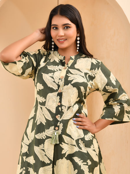 Grey floral printed aline cord set with striped printed pants