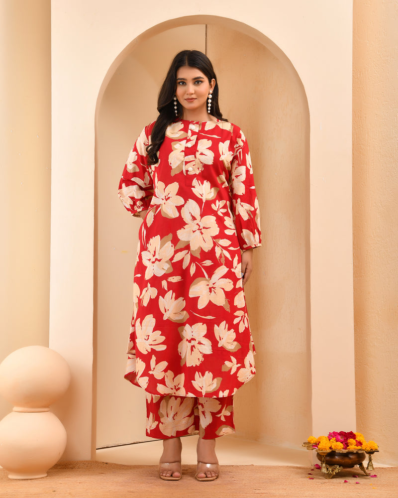 Cherry red floral flared co-ord with floral printed pants