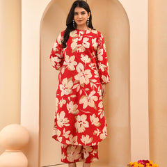 Cherry red floral flared co-ord with floral printed pants