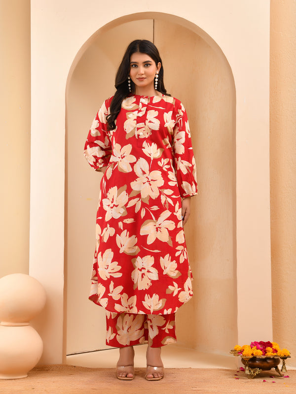 Cherry red floral flared co-ord with floral printed pants