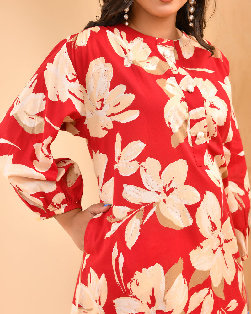 Cherry red floral flared co-ord with floral printed pants