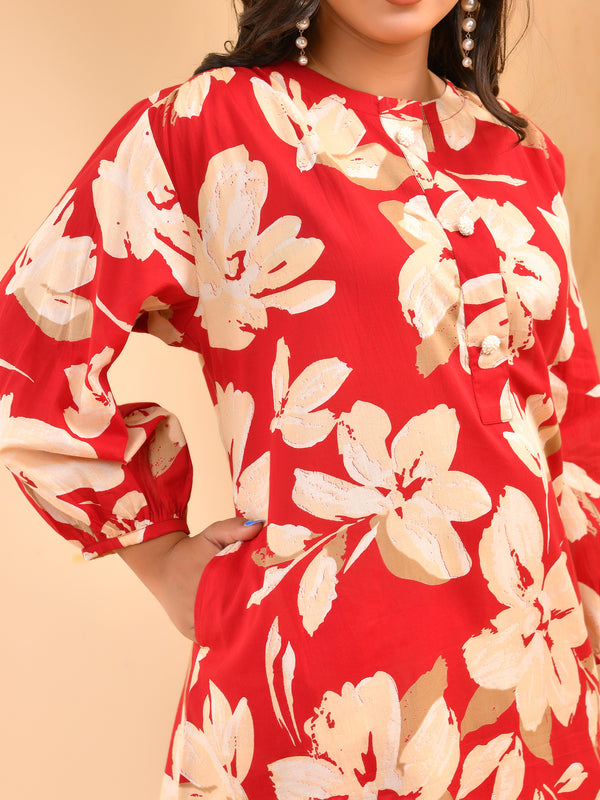 Cherry red floral flared co-ord with floral printed pants