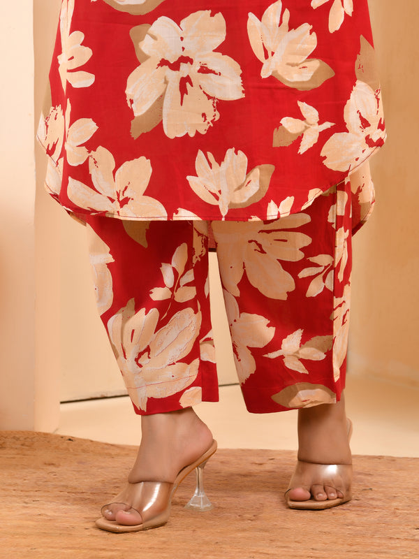 Cherry red floral flared co-ord with floral printed pants