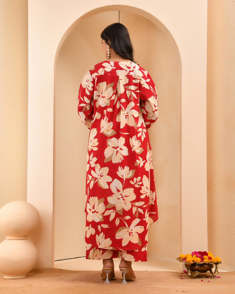 Cherry red floral flared co-ord with floral printed pants