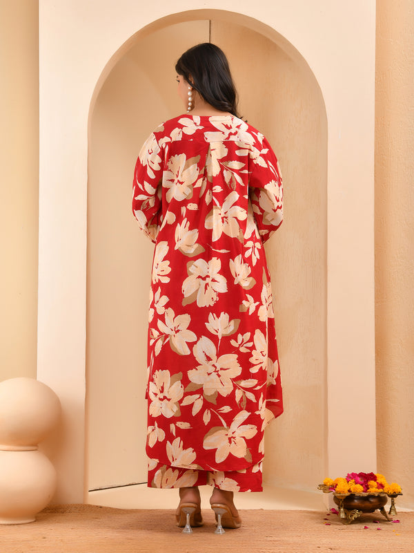 Cherry red floral flared co-ord with floral printed pants