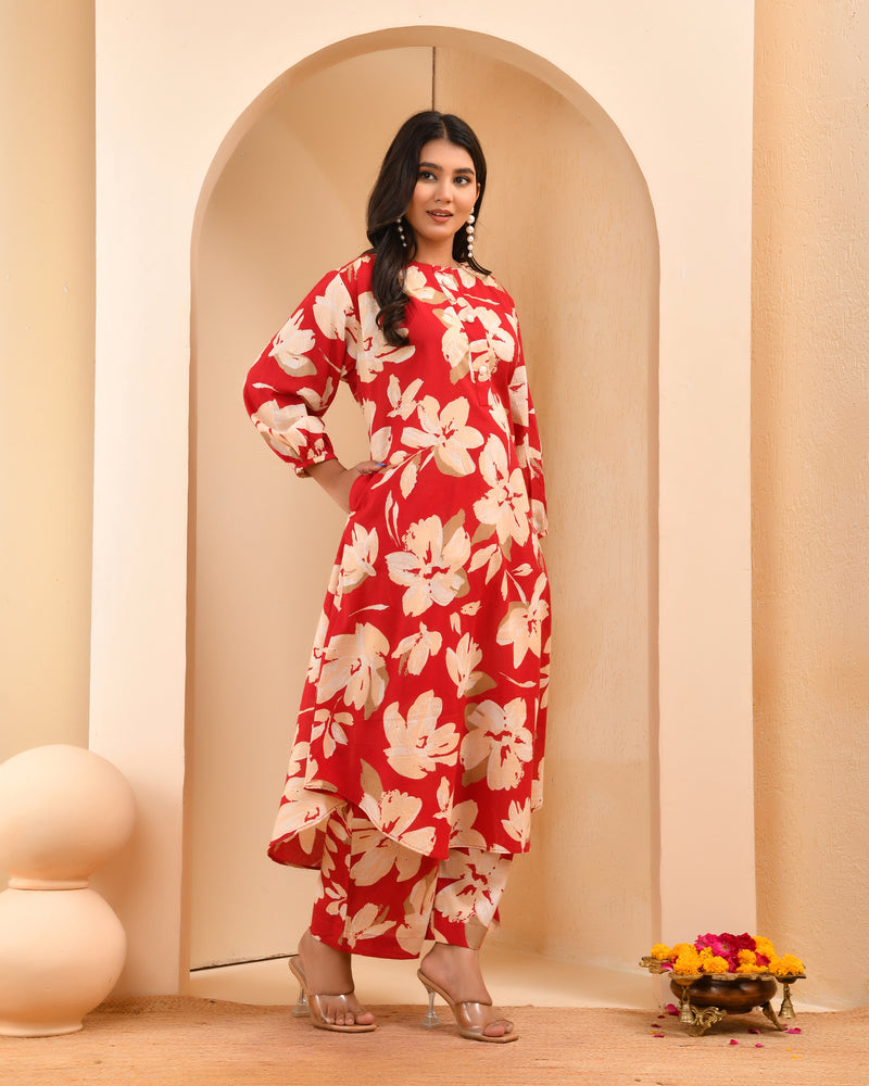 Cherry red floral flared co-ord with floral printed pants