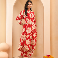 Cherry red floral flared co-ord with floral printed pants