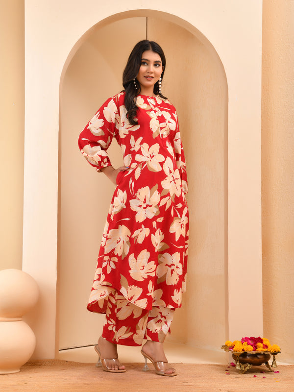 Cherry red floral flared co-ord with floral printed pants