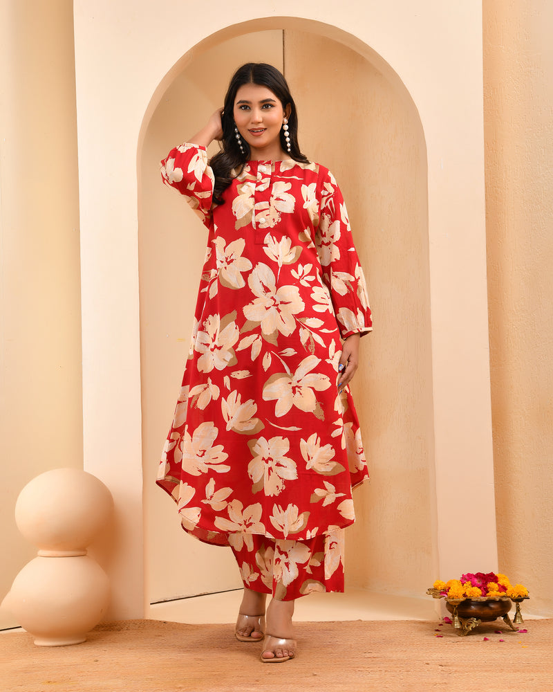 Cherry red floral flared co-ord with floral printed pants