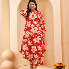 Cherry red floral flared co-ord with floral printed pants