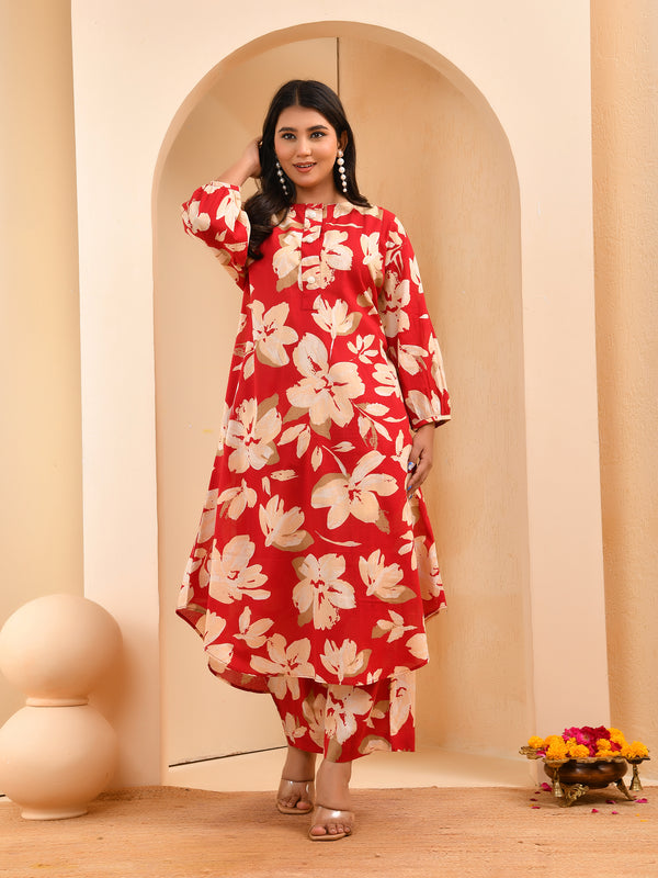 Cherry red floral flared co-ord with floral printed pants