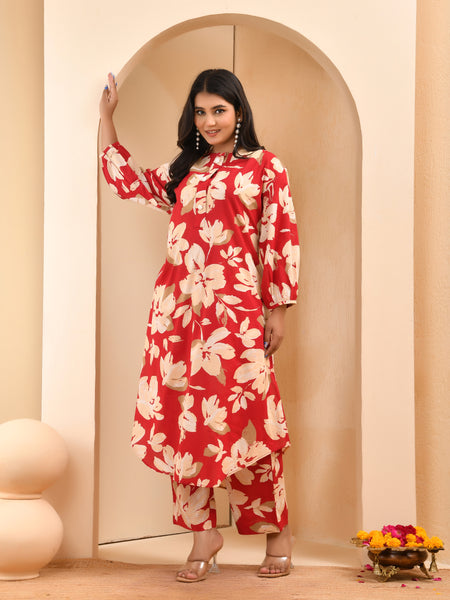 Cherry red floral flared co-ord with floral printed pants