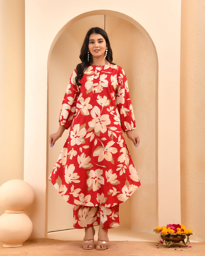 Cherry red floral flared co-ord with floral printed pants