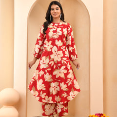 Cherry red floral flared co-ord with floral printed pants
