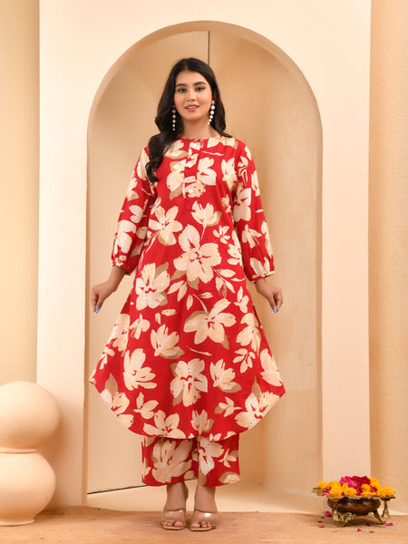 Cherry red floral flared co-ord with floral printed pants