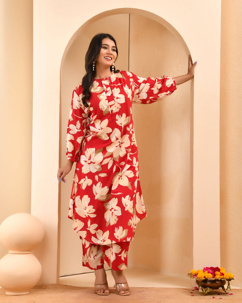 Cherry red floral flared co-ord with floral printed pants