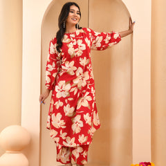 Cherry red floral flared co-ord with floral printed pants