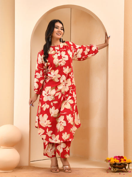 Cherry red floral flared co-ord with floral printed pants