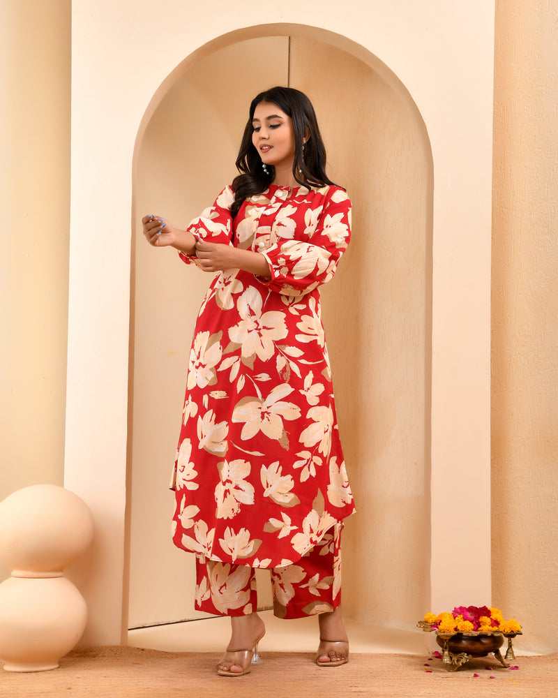 Cherry red floral flared co-ord with floral printed pants