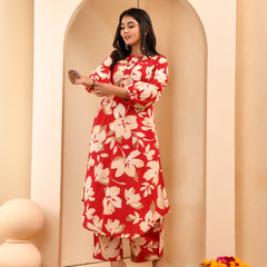 Cherry red floral flared co-ord with floral printed pants