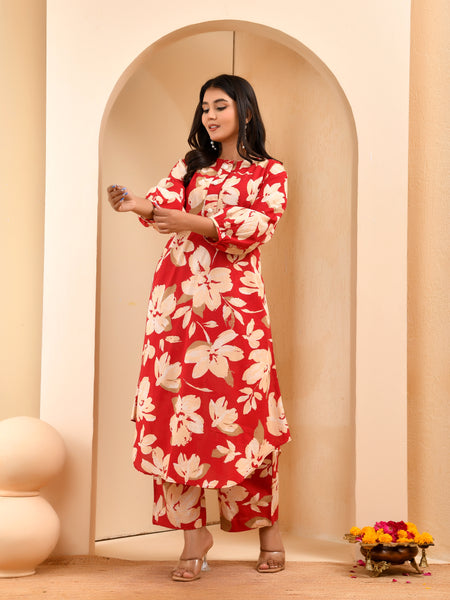 Cherry red floral flared co-ord with floral printed pants