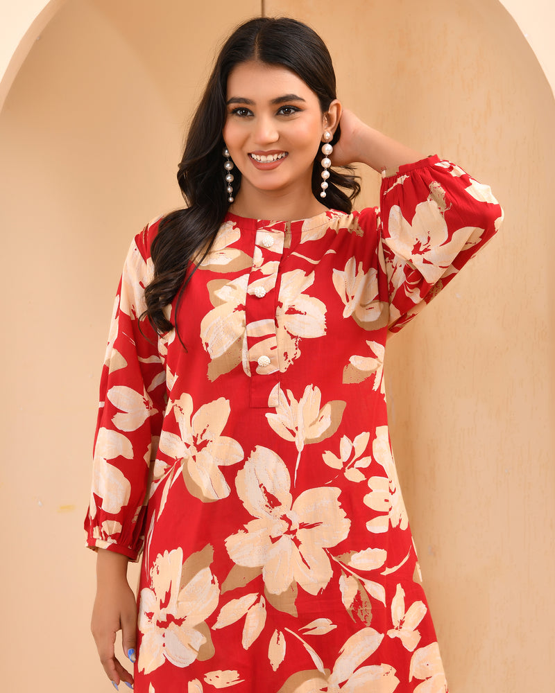 Cherry red floral flared co-ord with floral printed pants