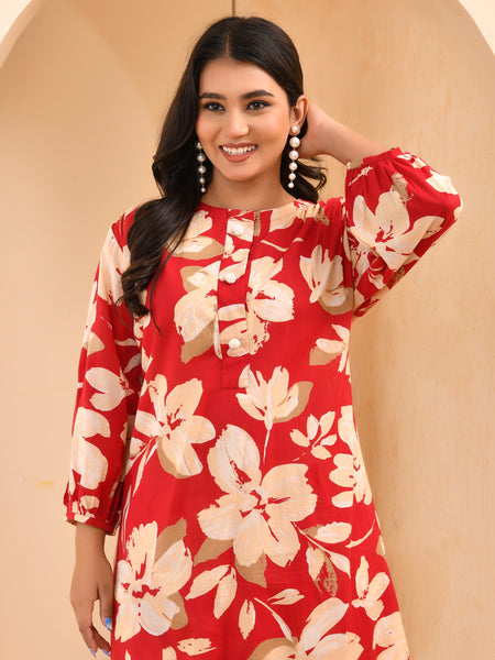 Cherry red floral flared co-ord with floral printed pants