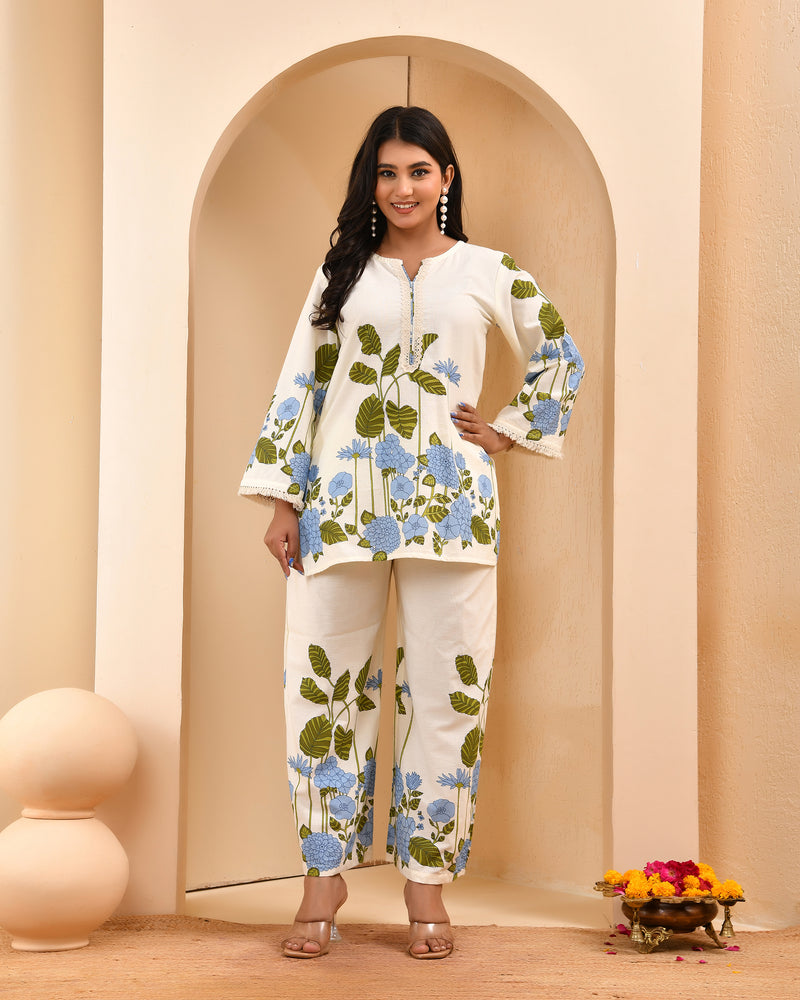 White placement floral printed co-ord set with floral placement pants